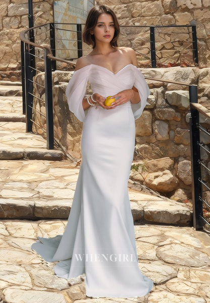 Sheath Off Shoulder Sleeveless Pleated Satin Wedding Dress with Train