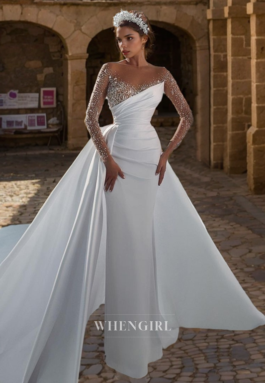 Mermaid Strapless Long Sleeves Pleated Beaded Wedding Dress with Train