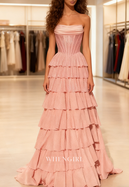 A-Line Pink Sleeveless Pleated Multi Tiered Ruffles Lace Up Prom Dress