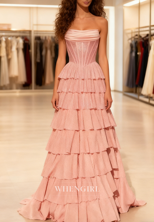 A-Line Pink Sleeveless Pleated Multi Tiered Ruffles Lace Up Prom Dress