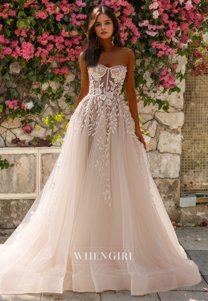 A-Line Strapless Sleeveless Back Zipper Appliques Boho Wedding Dress