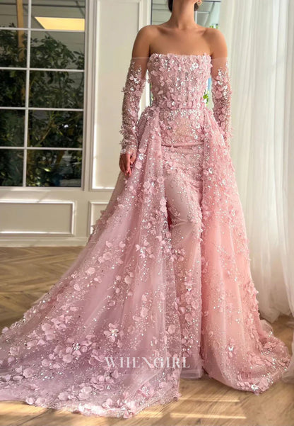 Long Sleeves Sheath Sweep Train Formal Dress Off Shoudler Floral Evening Gown