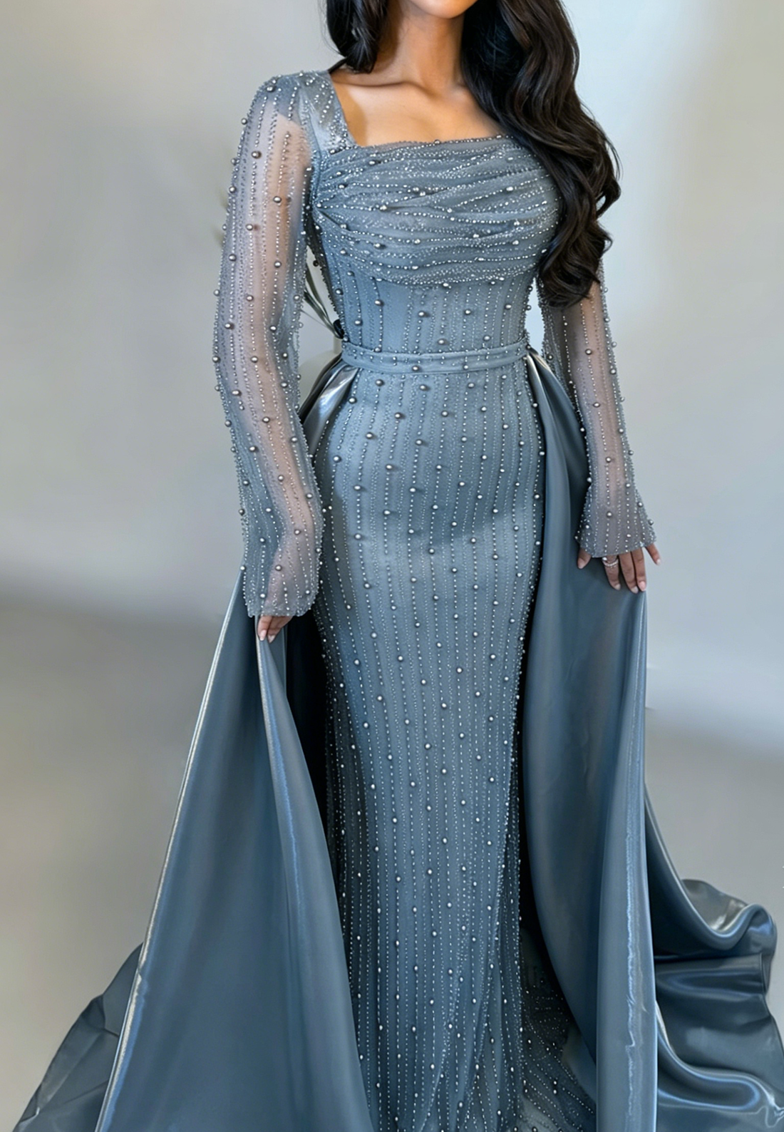 Sheath Square Neck Long Sleeves Beaded Sweep Train Evening Dress