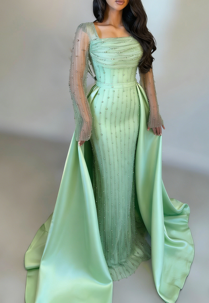 Sheath Square Neck Long Sleeves Beaded Sweep Train Evening Dress