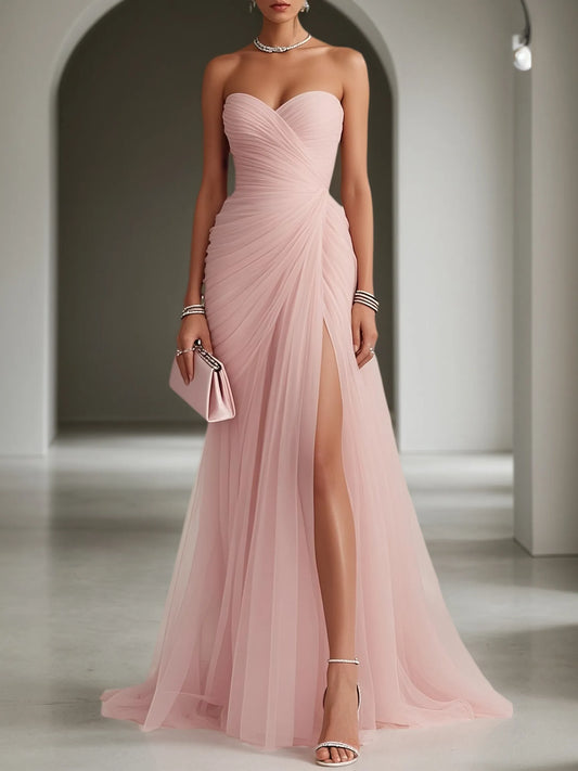 Ruched Slit Tulle Strapless Sleeveless Sheath Formal Gown
