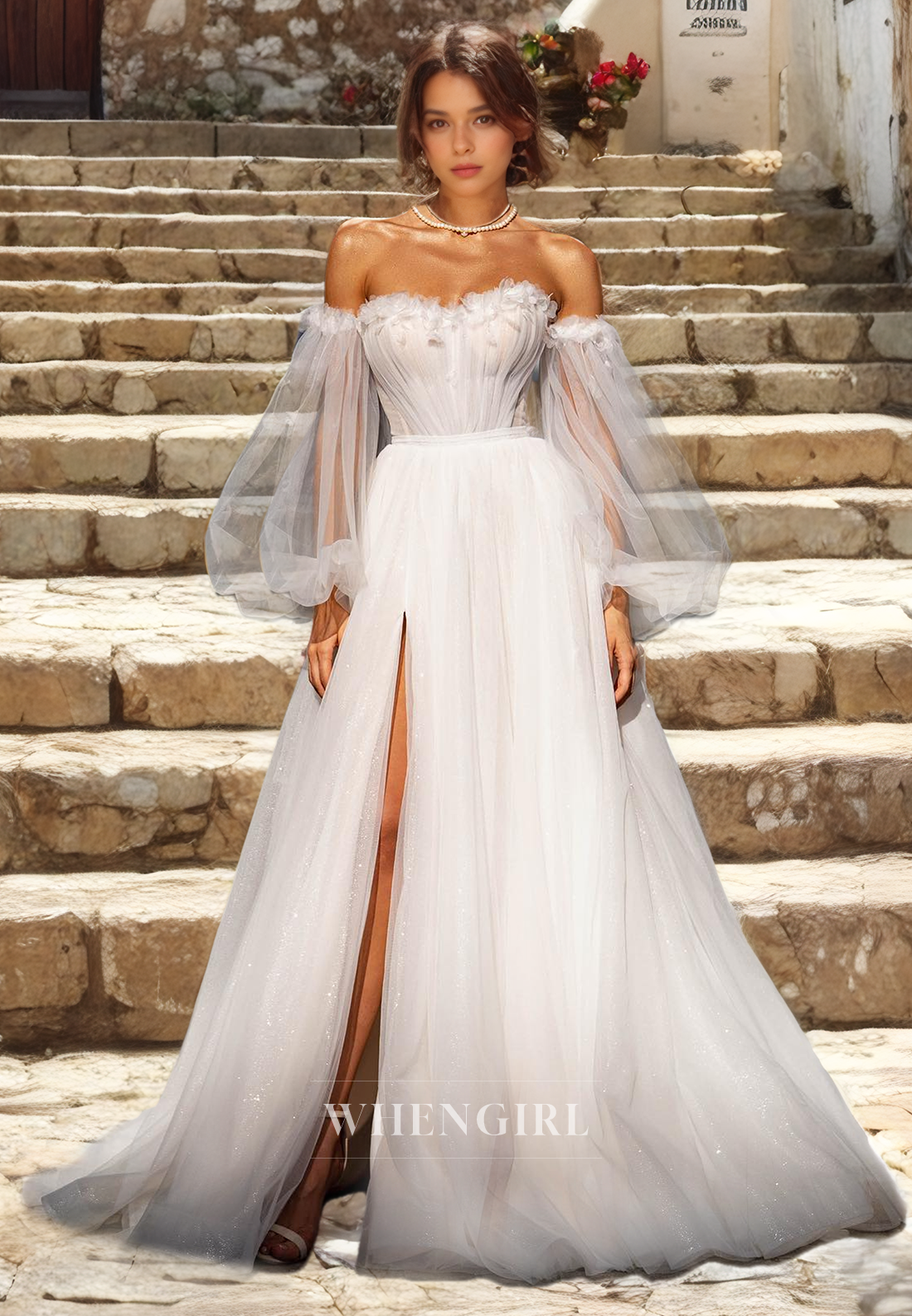 A-Line Off Shoulder Long Sleeves Tulle Wedding Dress with High Side Slit and Train