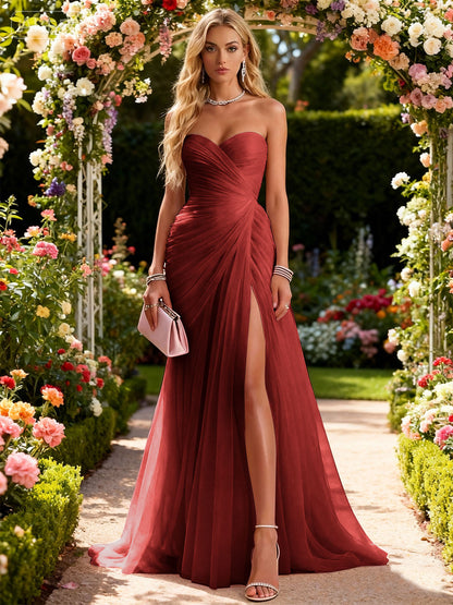 Ruched Slit Tulle Strapless Sleeveless Sheath Formal Gown