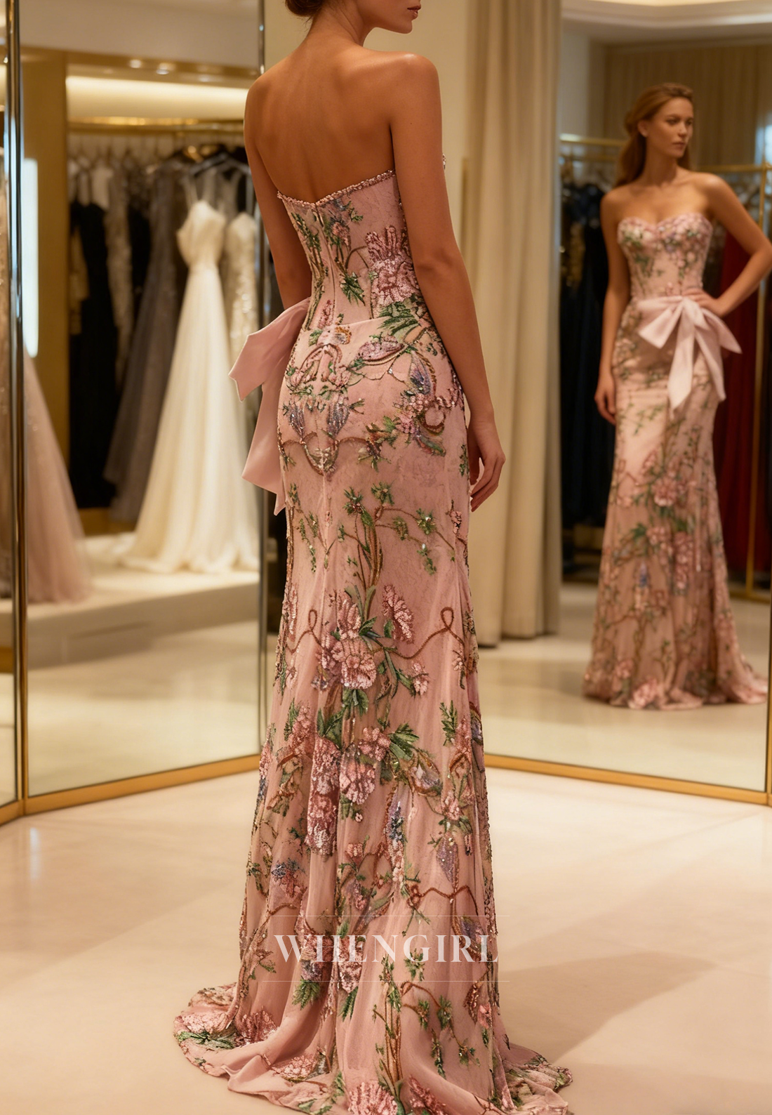 Pink Beaded Floral Bowknot Back Zipper Side Slit Sheath Prom Dress