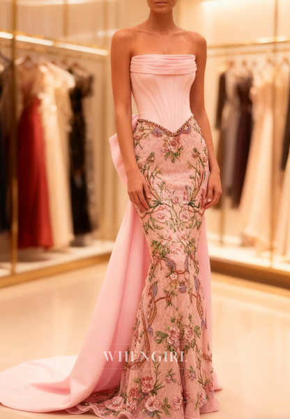 Pink Mermaid Tube Top Sleeveless Pleated Floral Bowknot Prom Dress