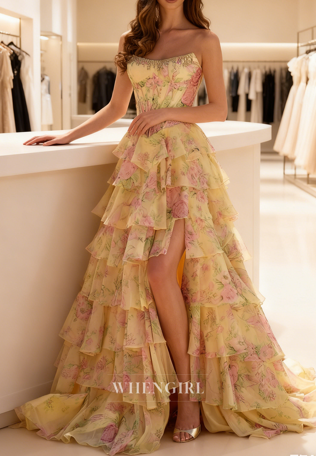 A-Line Strapless Beaded Neckline Multi Tiered Ruffles Floral Side Slit Prom Dress