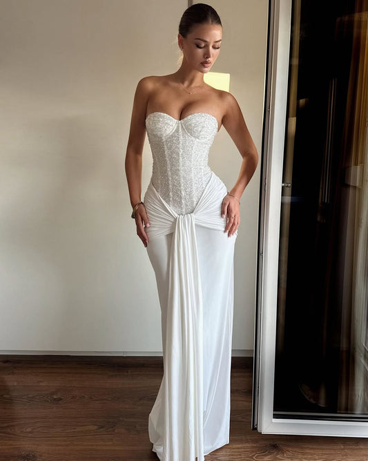 Sleeveless Beaded White Sweetheart Elegant Pleated Prom Dress