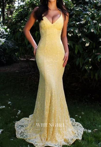 Yellow V Neck Sleeveless Cross Back Mermaid Lace Prom Dress