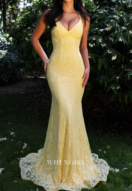 Yellow V Neck Sleeveless Cross Back Mermaid Lace Prom Dress