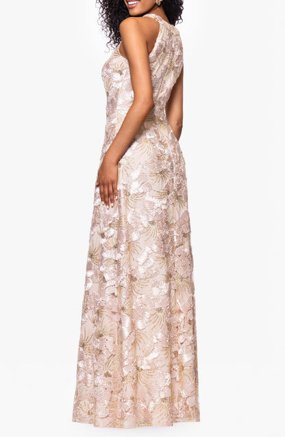 Sequin Floral Sleeveless Halter Mother of the Bride Gown