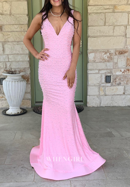 Mermaid Pearls Beading V Neck Sleeveless Regular Straps Prom Dress