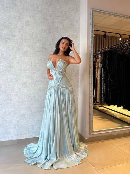 Floor Length Dreamy Light Blue V-Neck Pleated Rhinestone Prom Dress