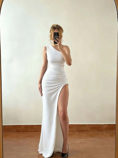 Shimmering Split Sequins Dark Green Asymmetric Sleeveless Prom Dress