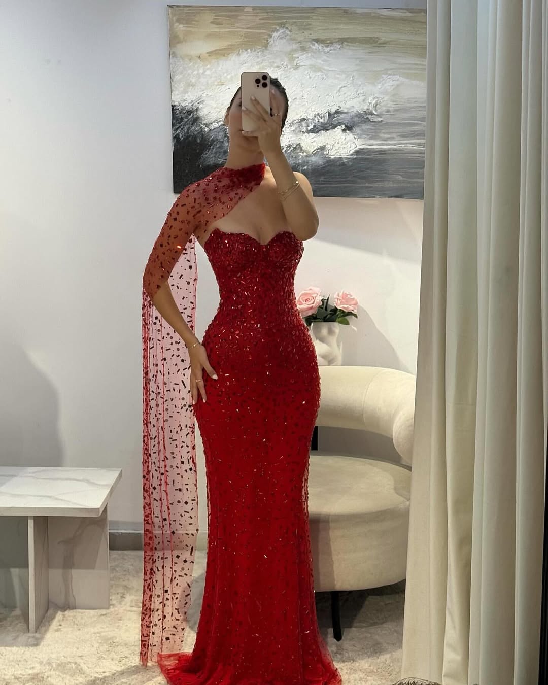 Beaded Straight Across Mermaid Red Glamorous Prom Dress With Scarf