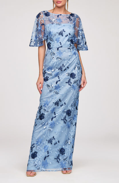 Blue Bateau Neck Short Sleeves Embroidered Sequin Column Gown
