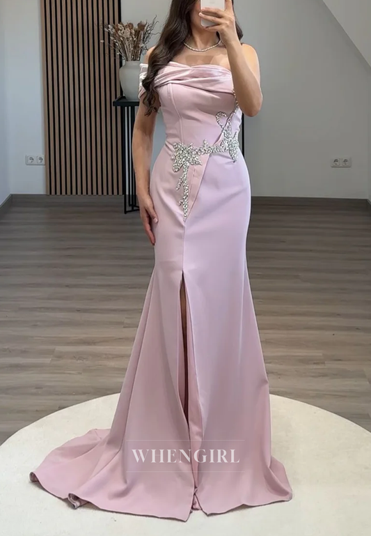 Mermaid One Shoulder Sleeveless Pleated Beaded Side Slit Sweep Train Formal Evening Gown