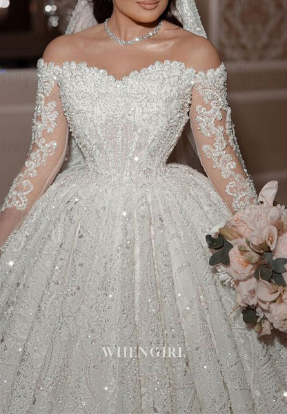 Luxury Off Shoulder Long Sleeves Beade Ball Gown Wedding Dress with Cathedral Train