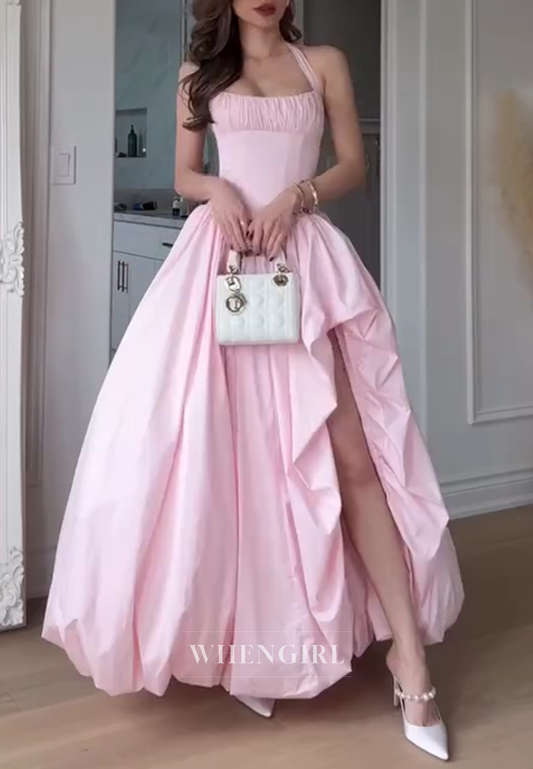 Pink Halter Side Slit Bubble Hem A-Line Prom Dress