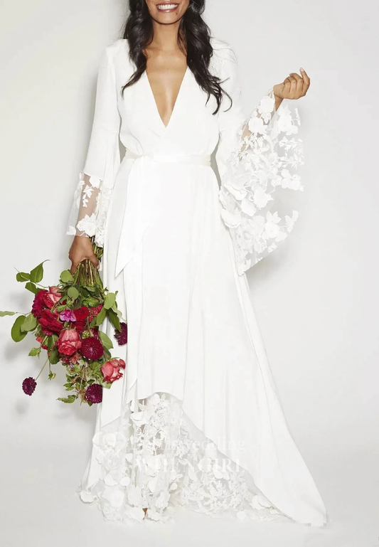 V Neck Bell Sleeves Appliqued A-Line Floor Length Wedding Dress