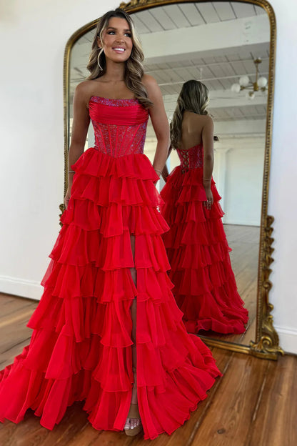 Gorgeous A Line Strapless Daffodial Tiered Chiffon Prom Evening Dresses with Hot Stone