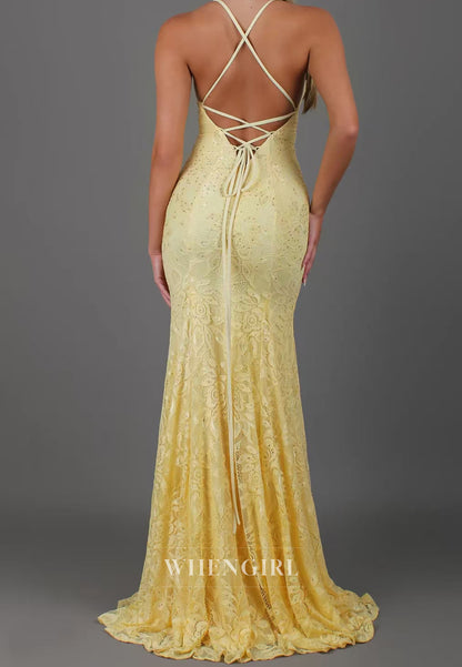 Yellow V Neck Sleeveless Cross Back Mermaid Lace Prom Dress