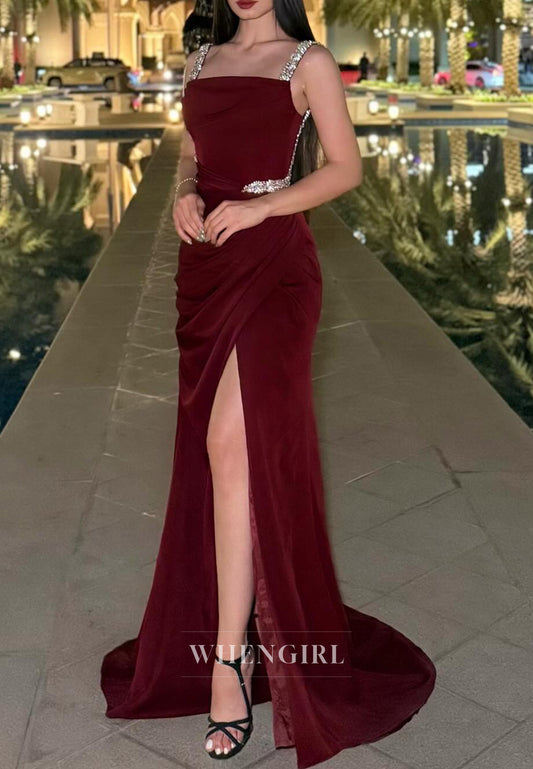 Sheath Burgundy Beaded Rhinestones Square Neck Sleeveless Formal Evening Gown with Side Slit