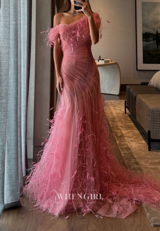 Dusty Pink Off Shoulder Pleated Side Slit Feather Back Zipper Mermaid Evening Formal Dress with Train