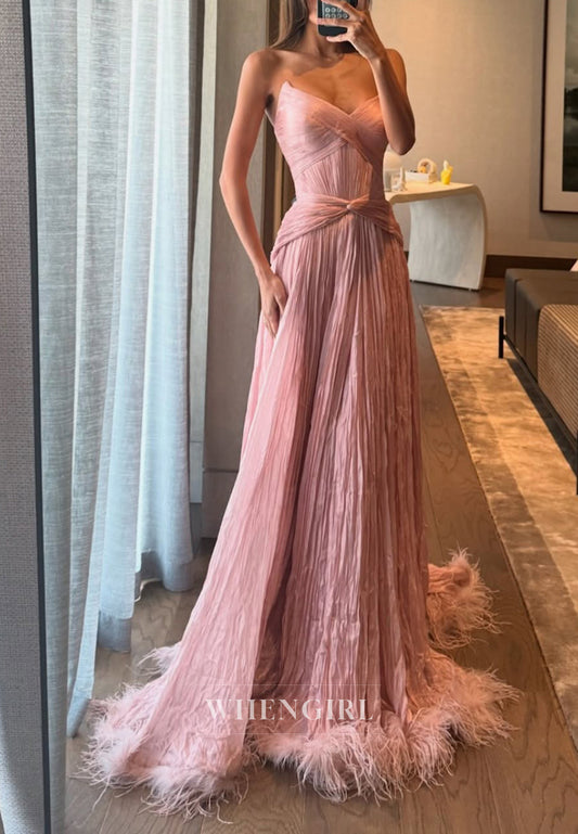 Light Pink V Neck Sleeveless Pleated Back Zipper Feather A-Line Formal Evening Gown