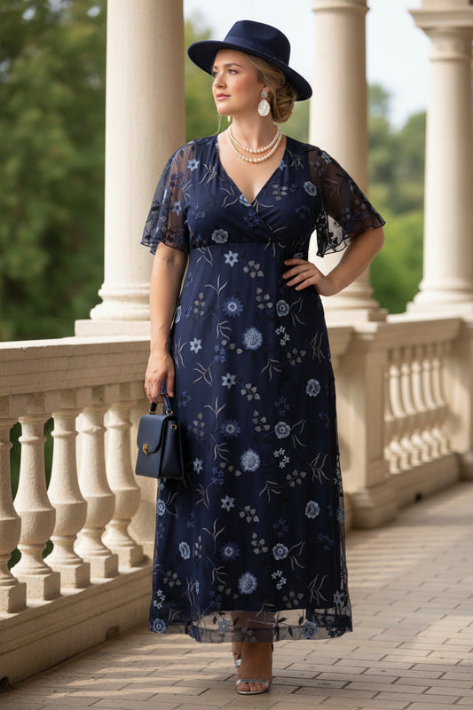 Navy Ankle Length Floral Column Mother of the Bride Dress