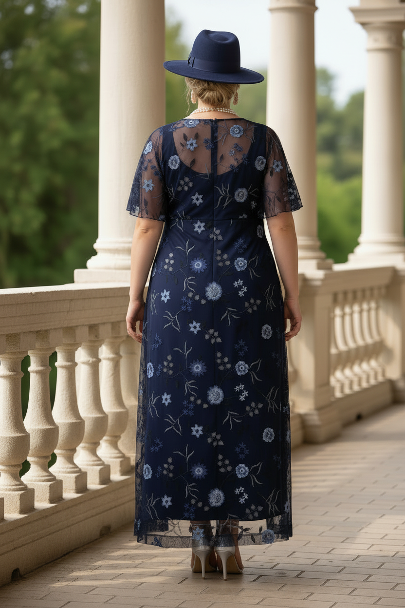 Navy Ankle Length Floral Column Mother of the Bride Dress