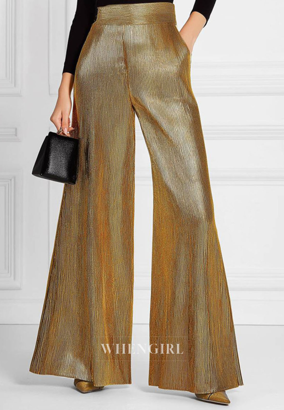 Black&Gold Splicing Color Metallic Jumpsuit High Neck Sleeves Pansuit with Pockets