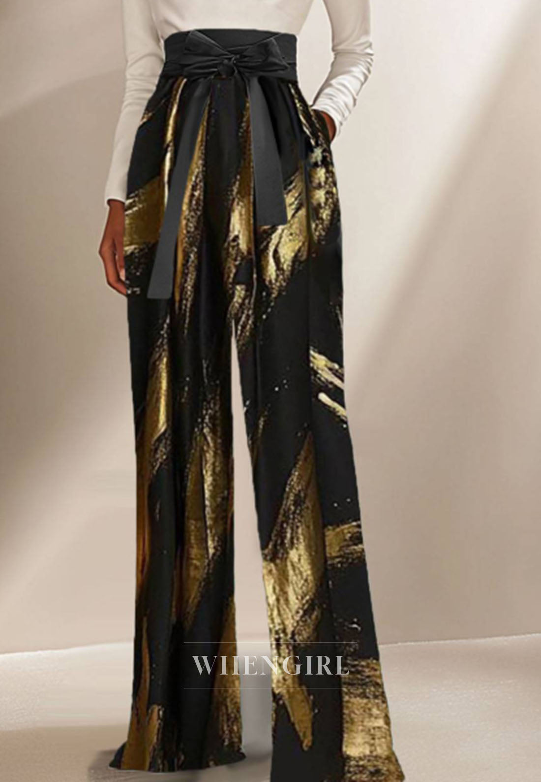 Glamorous Evening Jumpsuit Black Gold Metallic Bow Belt Jumpsuit