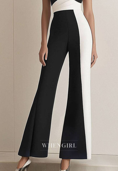 Daily Splicing color Asymmetrical Neck Sleeveless Satin Flared Jumpsuit/Pantsuit