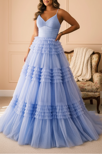 Long Black Tulle Prom Dress Sparkly V Neck Sleeveless Gown