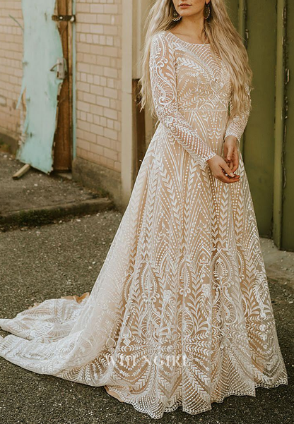 A-Line Boho Bateau Neck Long Sleeves Lace Cut Out Back Wedding Dress with Sweep Train