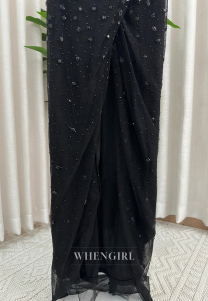 Sheath Full Beaded Strapless Sleeveless Pleated Side Slit Formal Prom Dress