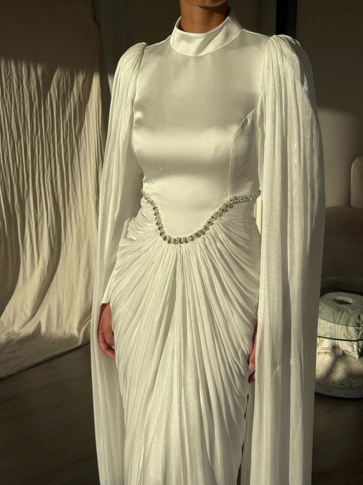 Sheath High Neck Long Sleeves Beaded Ruched Wedding Dress