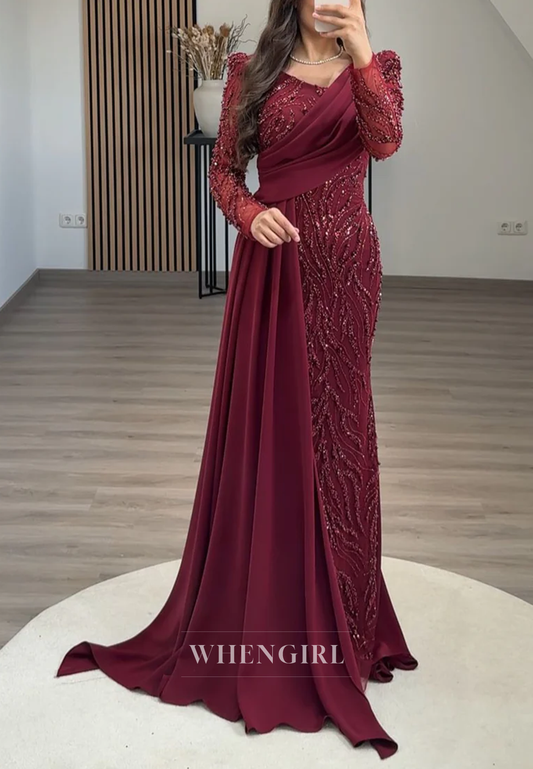 Sheath Asymmetrical Neck Long Sleeves Beaded Side Train Long Formal Evening Gown