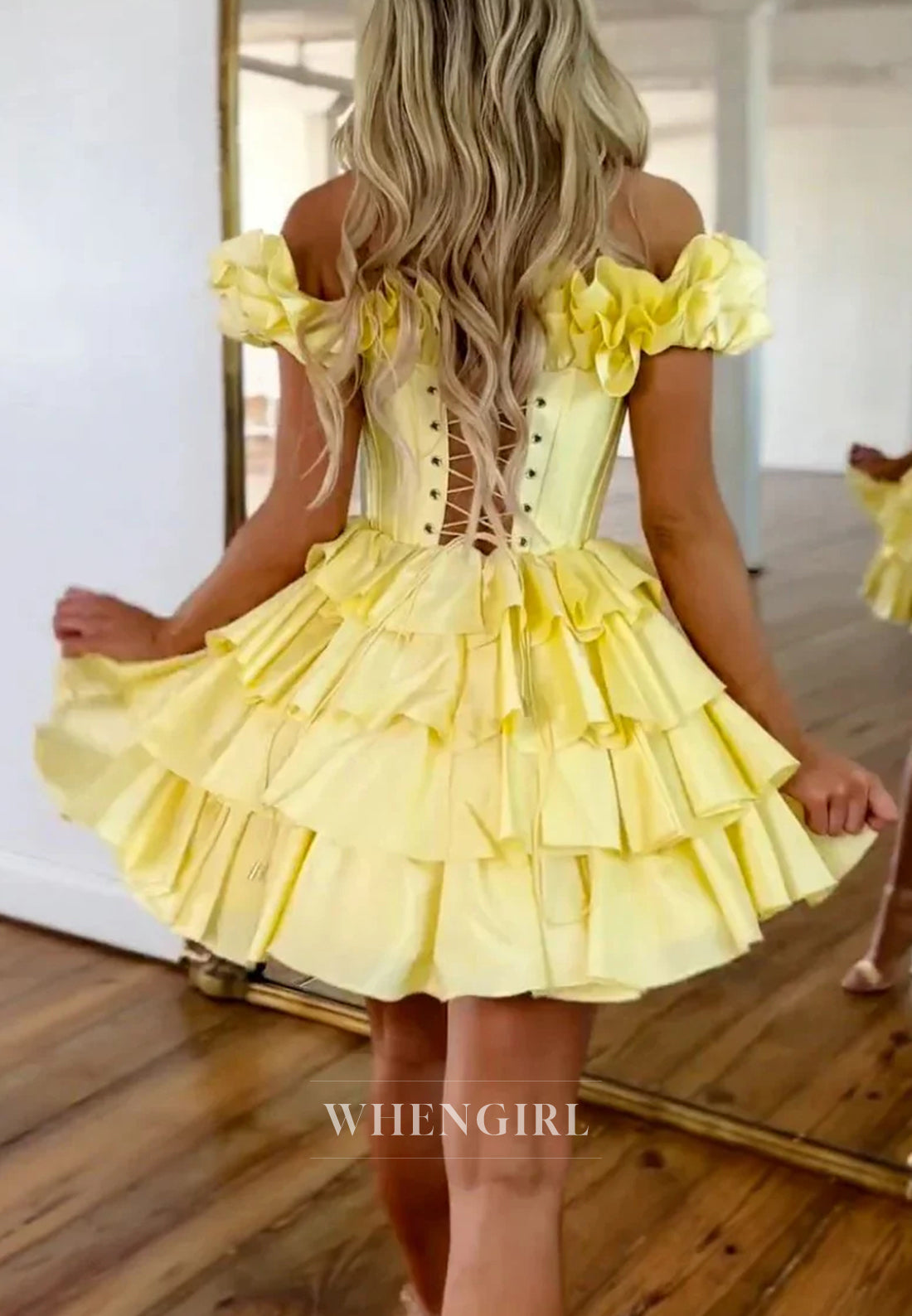Daffodil Sweetheart Off Shoulder Tiered Lace Up A-Line Homecoming Dress