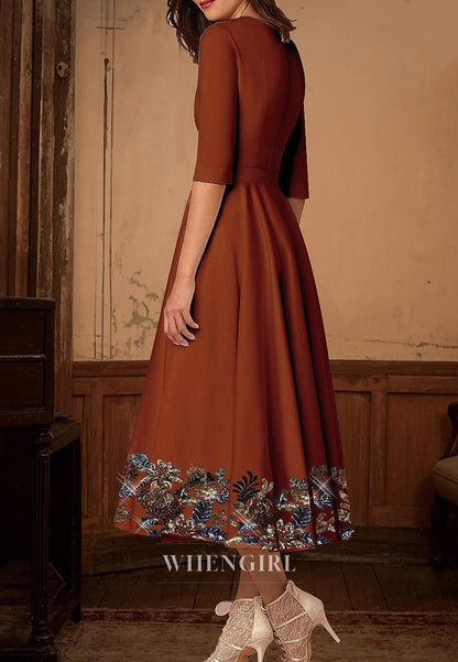 A-Line V Neck Half Sleeves Beaded Mother of the Bride Dress