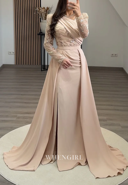 Asymmetrical Neck Long Beaded Sleeves Sheath Side Slit Sweep Train Formal Evening Dress