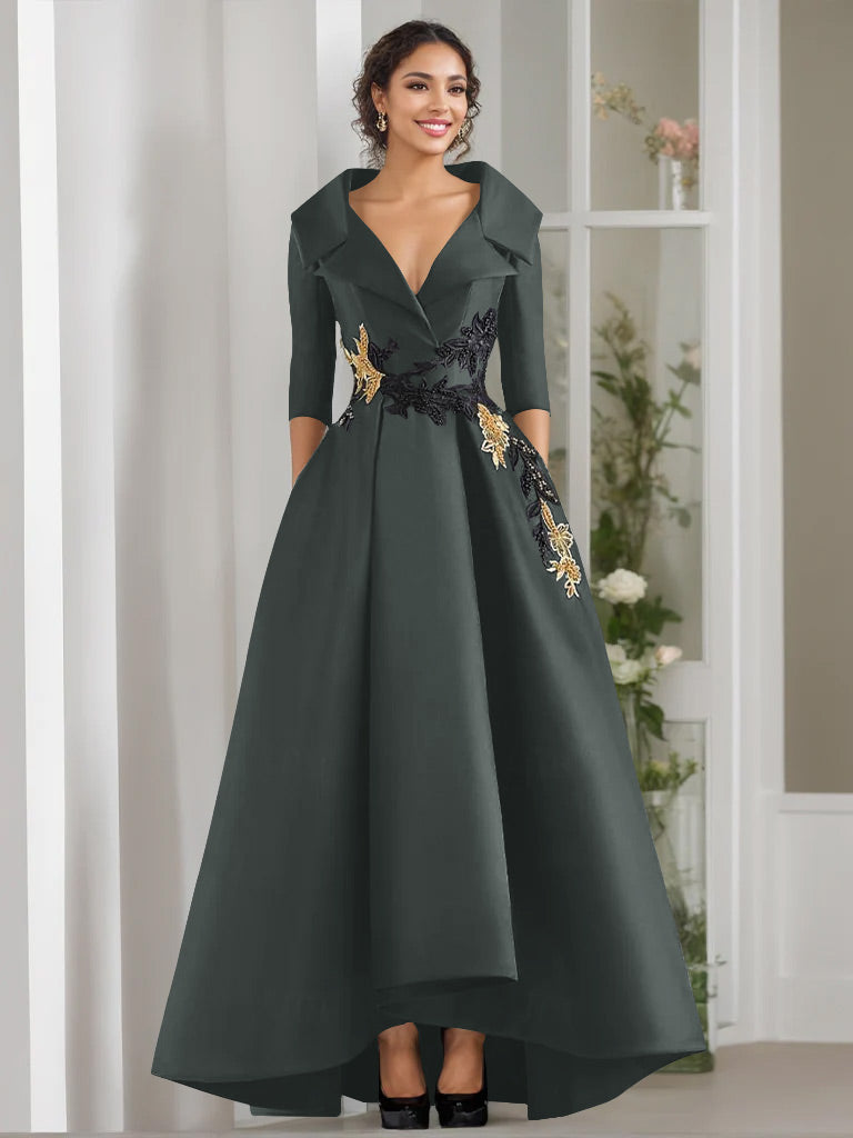 A-Line/Princess V-Neck 3/4 Sleeves Floor Length Mother of the Bride Dresses With Appliques & Beading