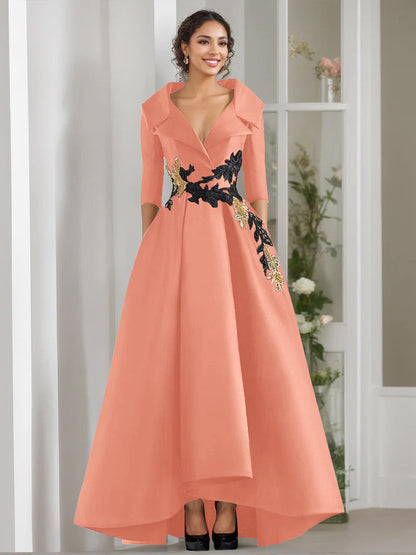 A-Line/Princess V-Neck 3/4 Sleeves Floor Length Mother of the Bride Dresses With Appliques & Beading