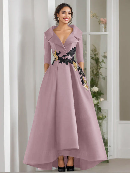 A-Line/Princess V-Neck 3/4 Sleeves Floor Length Mother of the Bride Dresses With Appliques & Beading