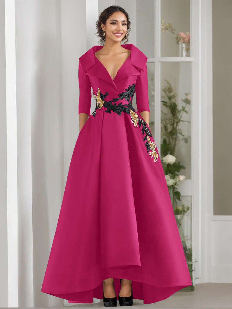 A-Line/Princess V-Neck 3/4 Sleeves Floor Length Mother of the Bride Dresses With Appliques & Beading