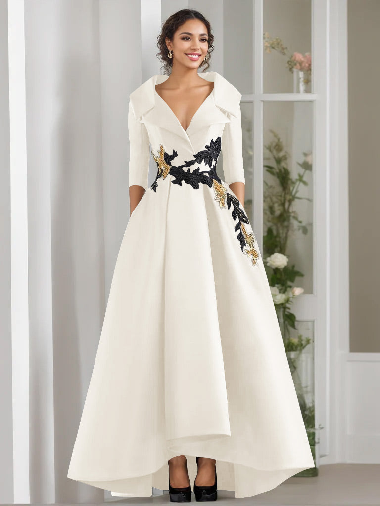 A-Line/Princess V-Neck 3/4 Sleeves Floor Length Mother of the Bride Dresses With Appliques & Beading